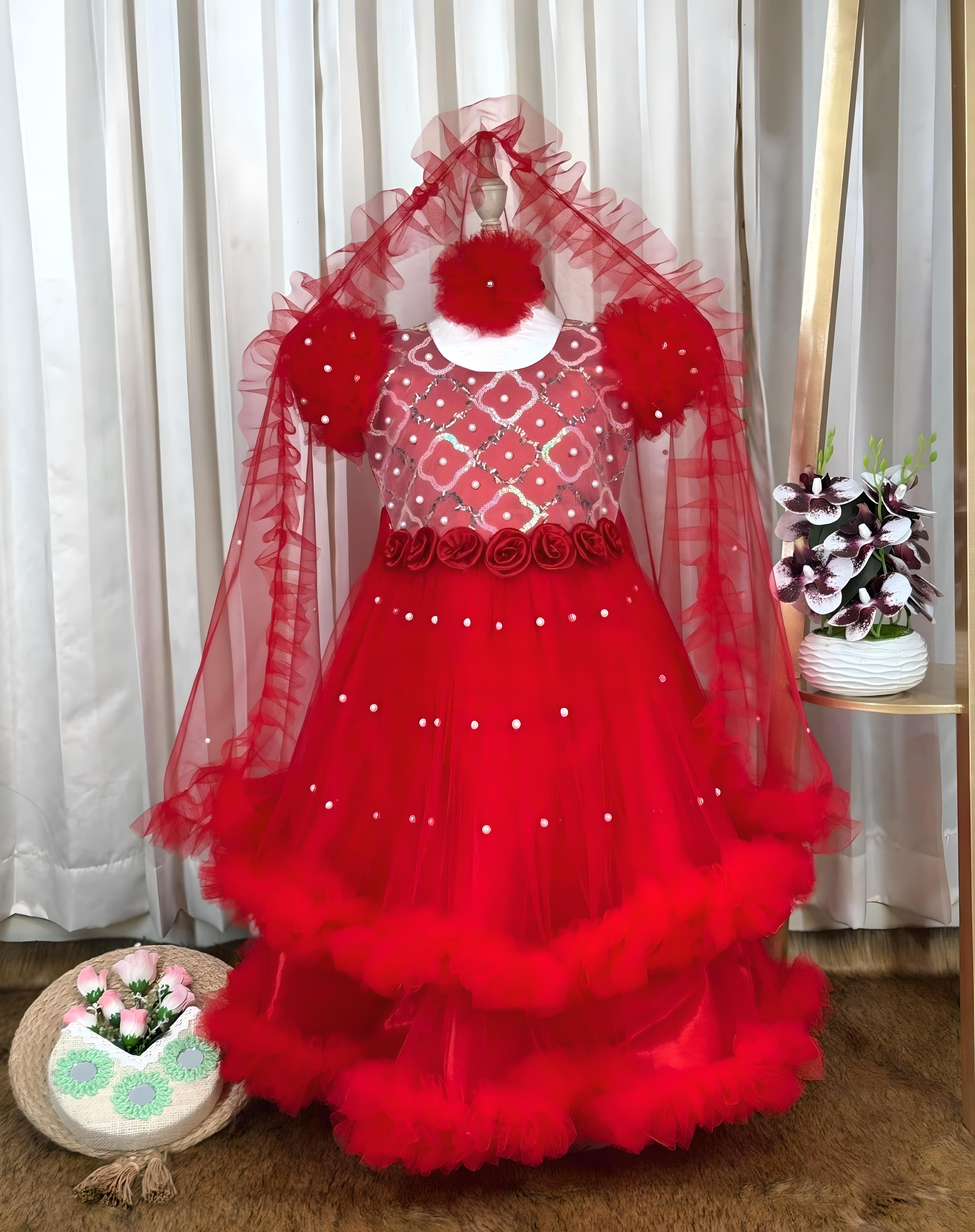 Baby Party Gown Red - Silk Satin, Veil & Headband Included